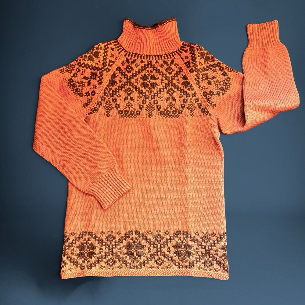 Hand Knit Nordic Wool Sweater Fair Isle Pullover Rolled Neck Women’s Sz Small